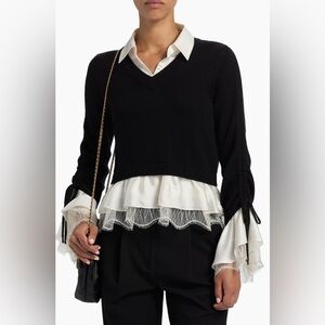 Cinq a Sept Milla Ruffled V-Neck Combo Sweater in Black/Ivory